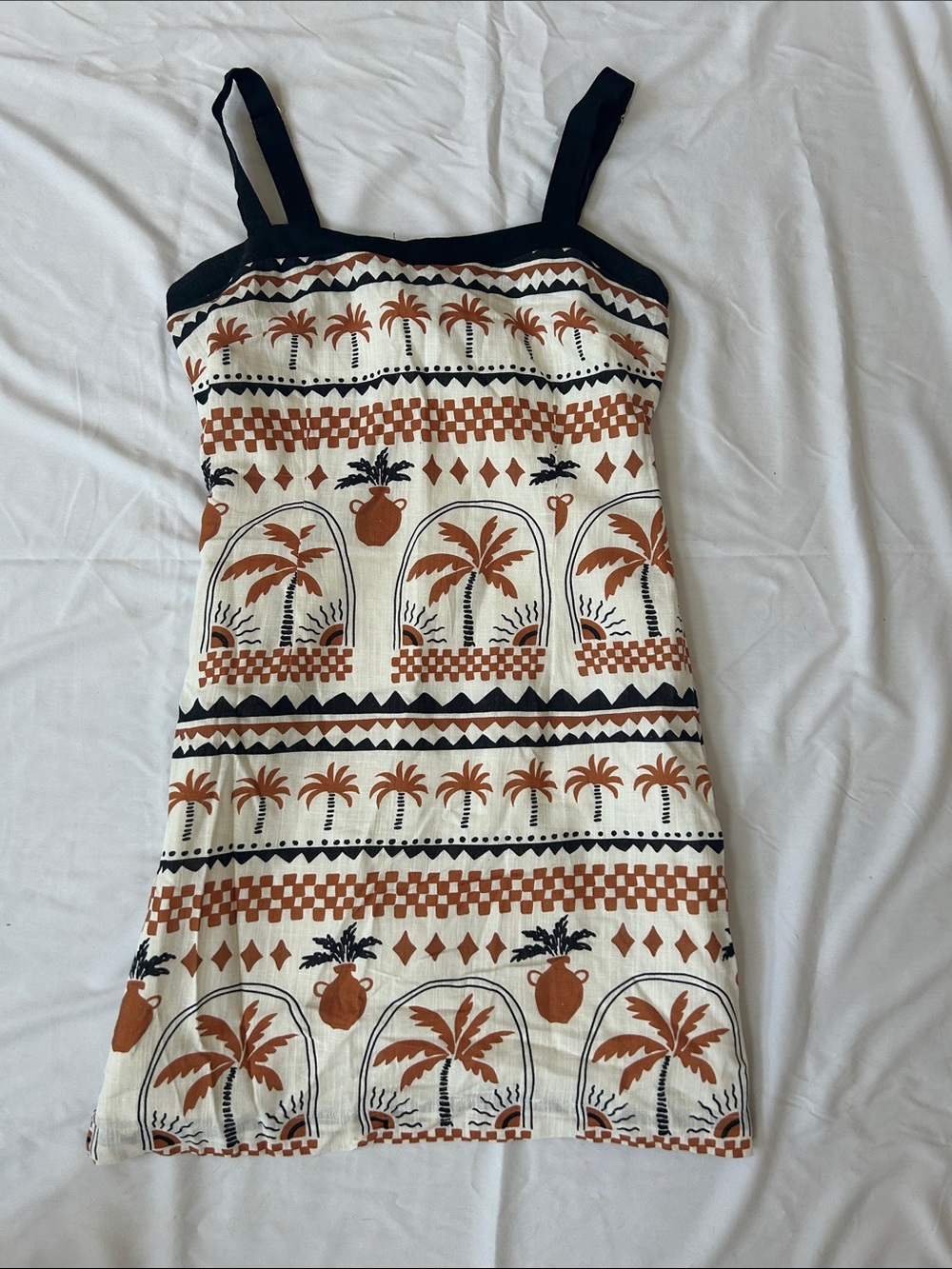 MINKPINK Ivory Palm Print Mini Dress with Rust & Black Accents